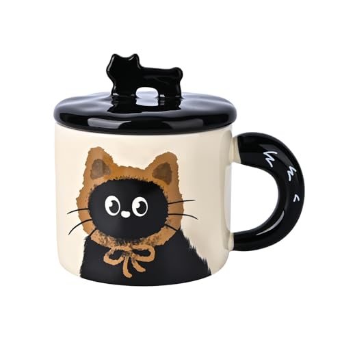 Koythin Ceramic Coffee Mugs, Unique Tea Cup for Latte Cappuccino Juice Hot Tea, Funny Coffee Mug with Cat Pattern for Girl Mom Women, Chubby Handle Cute Cat Cup, 10 oz/300 ml (Khaki)