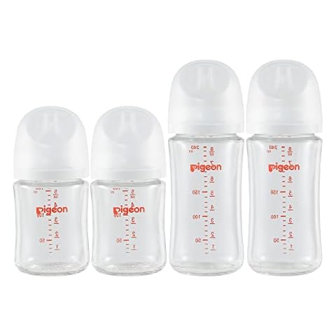 Pigeon Glass Nursing Baby Bottle Wide Neck(Pack of 4), Streamlined Body, Natural Feel, Easy to Clean, Heat-Resistant, 5.4Oz and 8.1 Oz Cover