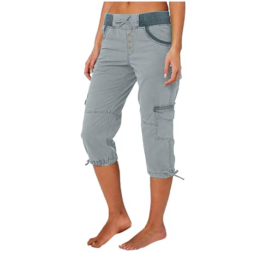 Cargo Capris for Women Summer Mid Rise Lightweight Capri Pants Stretchy Travel Hiking Cropped Pants with Pockets(Light Blue,X-Large)