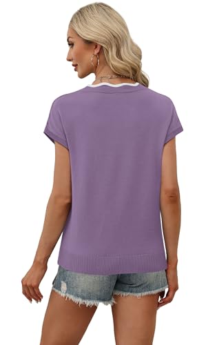 Image of WIHOLL Womens Summer Tops Cap Sleeve Sweater V Neck Shirts Beach Vacation Clothes Business Casual Fashion Clothing