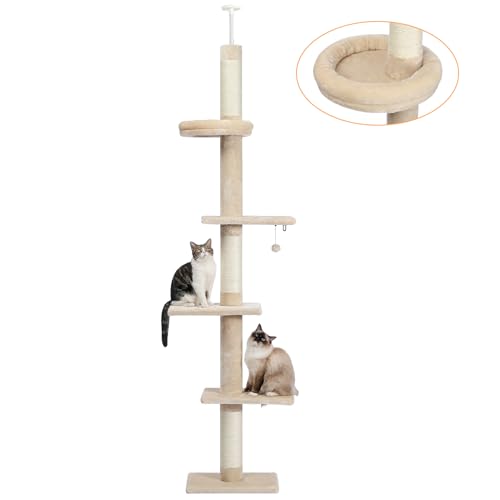 PAWZ Road - 5-poziomowy drapak dla kota od podłogi do sufitu - Regulowana wysokość - Wysokie centrum wspinaczkowe z drapakiem, wygodnym łóżkiem i wiszącą piłką dla kotów / kociąt w pomieszczeniach
