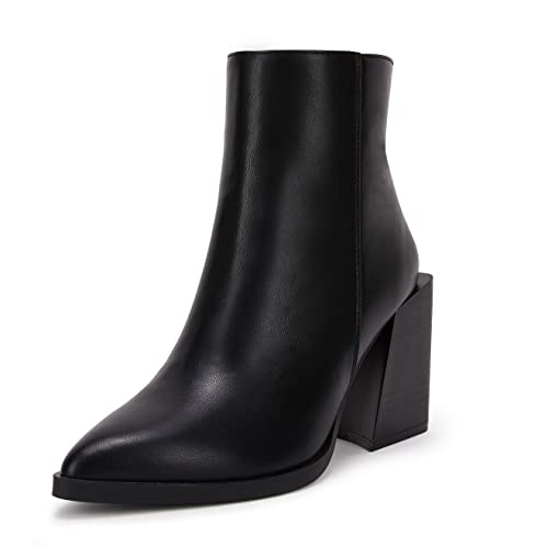 Womens Pointed Toe Ankle Boots Chunky Block Stacked Mid Heel Slip On