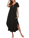 Ekouaer Long Nightgowns for Women Button Night Gowns Short Sleeve Sleepwear Full Length Sleep Shirts With Pockets Black XL