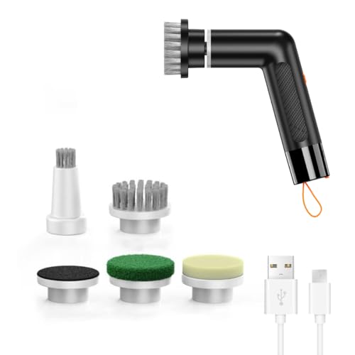 Electric Spin Scrubber, Cordless Power Cleaning Brush with 2 Speeds, Led Display and 5 Replaceable Heads, 360° Rotating Deep Cleaning for Bathroom Kitchen Tile Tub Floor Car (BK)