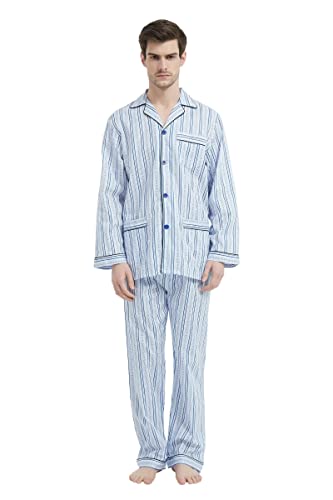 amaxer Mens 100% Cotton Pajamas Set Long Sleeve Pjs Button Fly Pants Soft Elastic Drawstring Waistband Bottoms