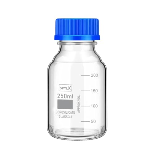 Image of Borosilicate Glass reagent bottle 250ml with leak proof Blue Screw Cap pack of 1 for glassware wide mouth chemical bottles for lab, laboratory, kitchen and professional use