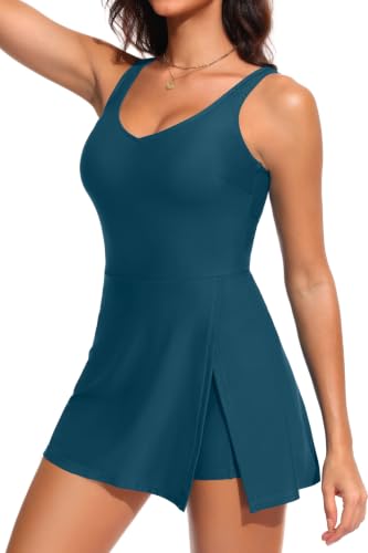 Image of One Piece Swimdress Tummy Control Swimsuit Modest Bathing Suit with Shorts | Elegant V neck swim dress, Flowy A-line design with skirt, Built-in boy shorts with side pocket, Removable padded cups
