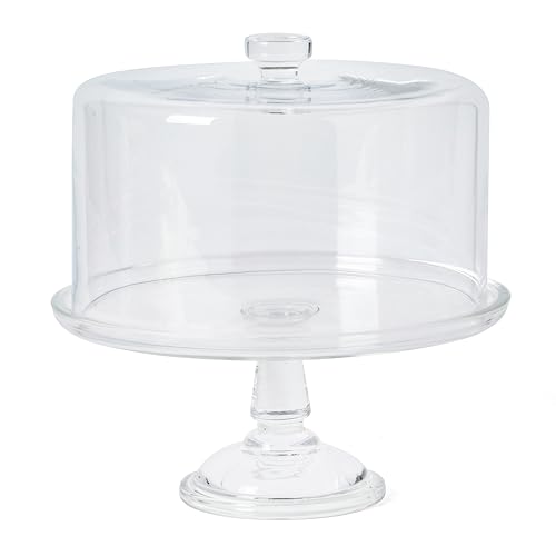 Image of Martha Stewart Watercrest Glass Cake Stand with Dome, 10.2 Inch Clear Footed Pedestal Cake Stand with Glass Lid Cover, Handmade Glassware for Cakes and Desserts