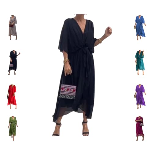 Keepholdon Dress, Fashion Solid Color Wrap V Neck Summer Loose Half Sleeve a Line Irregular Midi Dress
