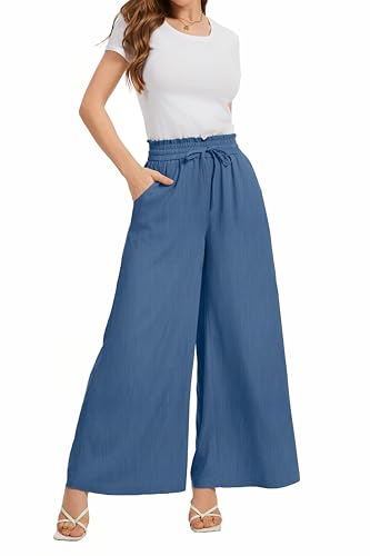 Image of KICZOY Women Flowy Pants Drawstring Waist Wide Leg Palazzo Beach Pants Loose Fit with Pockets