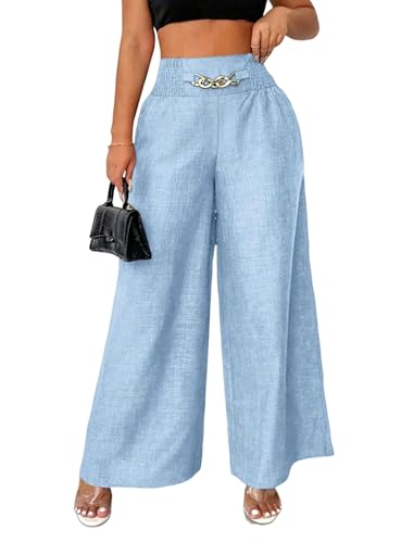 ZAFUL Womens Linen Palazzo Pants Metal Chain Decor High Waist Casual Loose Wide Leg Pants Summer Beach Trousers