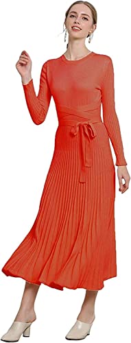 Image of Women's Long Sleeve Sweater Dress Ankle Length Fall Dress Vneck Knit Winter Dress
