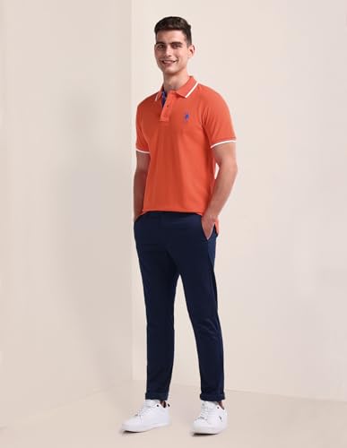 Image of U.S. POLO ASSN. Men's Orange Solid Polo Collar Collared Neck Short Sleeve Casual Cotton Slim Fit Polo Shirt