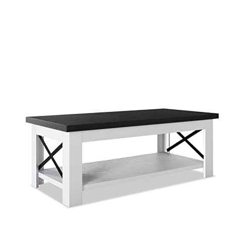 Cemkar Wooden Farmhouse Coffee Table, Rustic Vintage Living Room Table With Shelves, 47.2" Large Living Room Center Table (Black & White) #TOP5