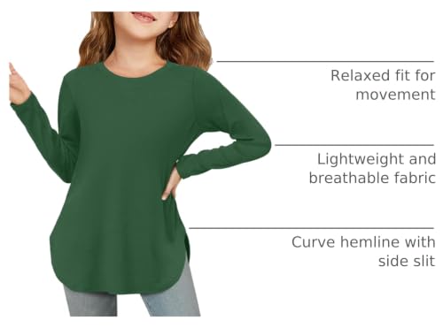 Image of Haloumoning Girls Long Sleeve T Shirts Kids Crewneck Tops 5-14 Years | Solid Color, Casual Loose Fit, Basic Tees, Curve Hem, Side Slit, Soft Tunic Tops, Fashion Clothes