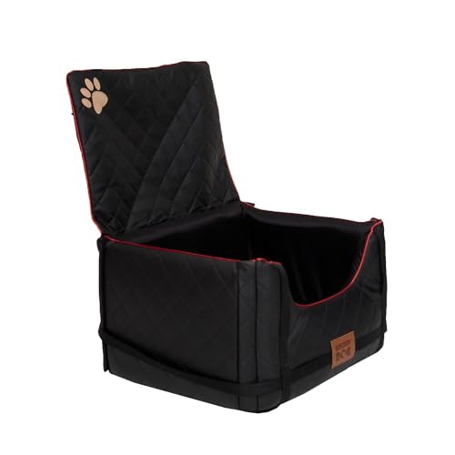 Golden Dog - Transportbox Hund mit Sicherheitsgurt M-52x44x33 cm - Leder Imitation Autositz Hund, Wasserdicht Hundesitz Auto - Beifahrersitz Hundebox Faltbar - Anschnallgurt Hundekorb Auto Schwarz