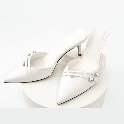 Women's White Kitten Heels Mules for Women Pointed Closed Toe Slip On Stiletto Heel Pumps Backless Vintage Sandals Buckle Mules Sexy Dress Shoes Trendy3