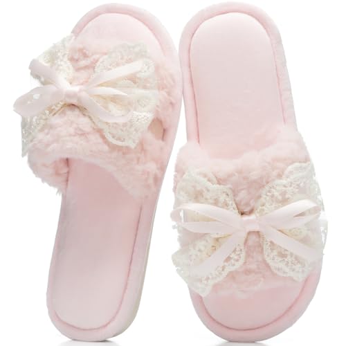 GOEWY Womens Open Toe Memory Foam Slippers - Cute Fuzzy House Shoes with Lace Bow Soft Plush Slides for Indoor Comfort Cozy Non-Slip Gift Gifts for Women Mom Ladies Pink