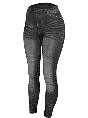 Women's Denim Print Fake Jeans Seamless Fleece Lined Leggings, Full Length