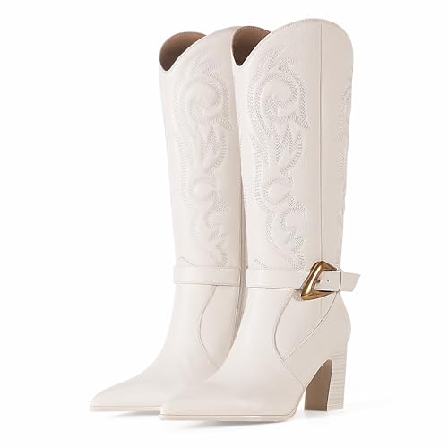 Western Cowboy Boots for Women - Knee High Calf Cowgirl Boots with Classic Embroidered with Gold Buckle, Slip On Pointed Toe Chunky Heel Fashion Retro Classic Faux Leather Pull On Tall Boot