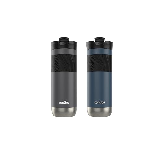 Image of Contigo Byron 2.0 Stainless Steel Travel Mug with SNAPSEAL Lid and Grip, 20 oz, 2-Pack, Sake; Blueberry