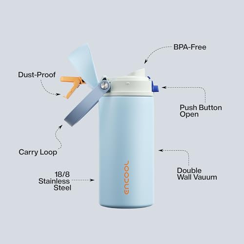 Image of ENCOOL Insulated Water Bottle with Straw Stainless Steel Water Bottle with Push Button Lid, Leak-Proof & BPA-Free, Keeps Cold for 24 Hours for Sports, Travel, Gym (24 oz, Hazy Blue-Blue)