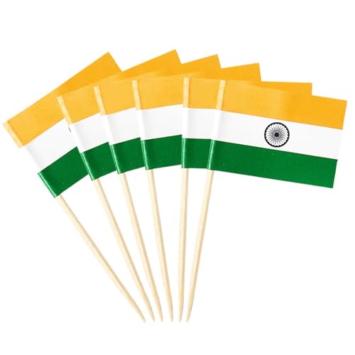 Indien Miniatur-Zahnstocher-Flaggen, Dekorationen, kleine Cupcake-Topper, Cocktail-Lebensmittel-Flaggen, Dekoration für Unabhängigkeitstag, Party-Bar (100 Stück)