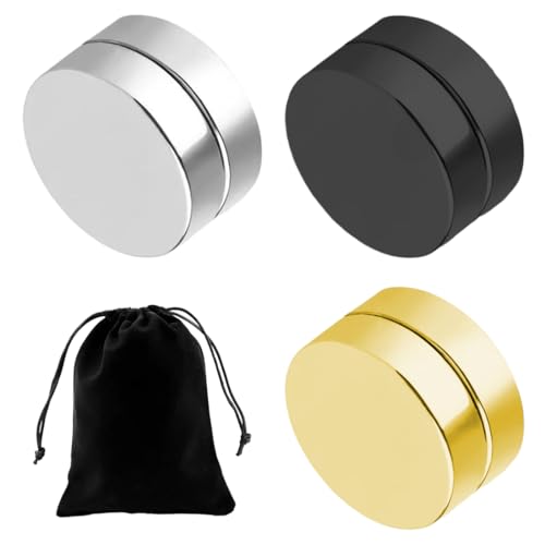 JEYORZY 3 Pares Pendientes Magnéticos Hombre Pendientes de Iman Negro, Dorado, Plateado