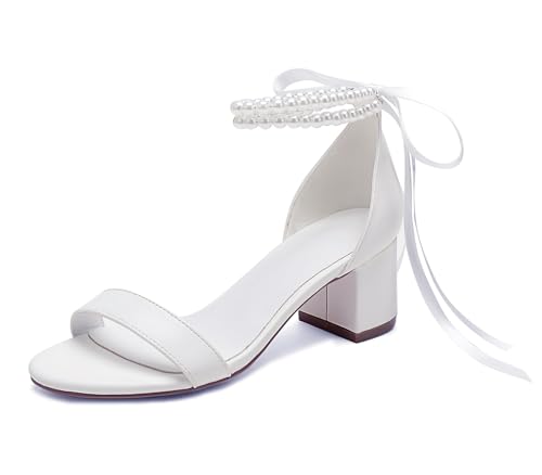Pahelyin Women's Block Heels Pearl Wedding Shoes for Bride, Open