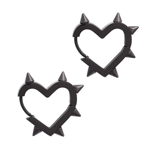 SIXDUTN Pendientes Corazón Mujer, Pendientes Aro Estilo Punk Rock Y2K 14K Chapado Oro Hipoalergénicos Joyería Regalos (Negro)