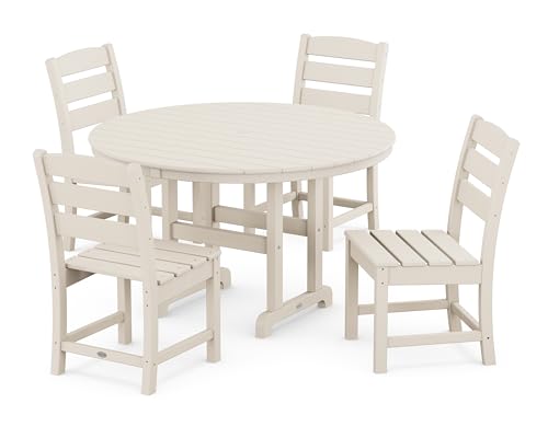 POLYWOOD Lakeside 5-Piece Round Dining Set, 48' Table with 4 Chairs, Outdoor Patio Furniture, Recycled Plastic, Fade-Proof All-Weather, Sand