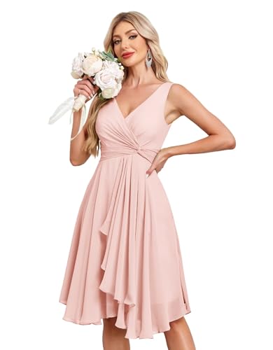 Image of Women's V Neck Short Bridesmaid Dresses 2025 Ruched Waist A Line Chiffon Formal Cocktail Party Dress