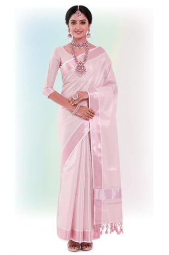 Image of Women's Kerala Tissue Plain Saree with Running Blouse| Onam & Vishu Kani Special | Traditional Kasavu White Colour