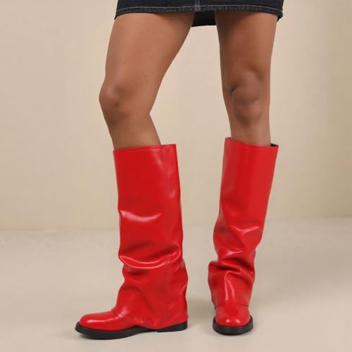 Image of EQAUDES Knee High Boots Women Fall Slouchy Fold Over Tall Boots - Motorcycle, Hidden Zipper, Fashion Buckle, Platform, Square Toe