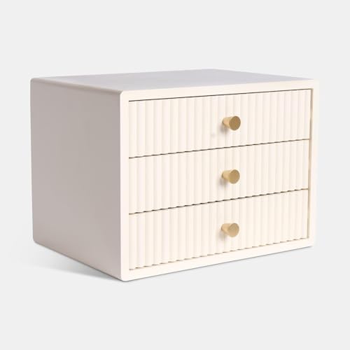 OHS Ribbed Wooden Desktop Drawers Small Item Storage Desktop Drawer Organizer Office Supplies Filing Stackable Makeup Container Jewellery Tabletop Storage Cabinet with 3 Drawers Cream