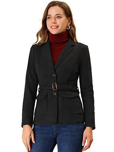 Allegra K Women's Faux Suede Blazer Belted Lapel Outwear Single Breasted Work Jacket Medium Black