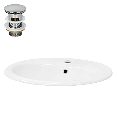 ML-Design Waschbecken Keramik Weiß glänzend 57x19,5x48,5cm Oval inkl Ablaufgarnitur Einbauwaschbecken mit Überlauf Badezimmer Aufsatzwaschbecken Einbauwaschtisch Waschschale Waschplatz Handwaschbecken