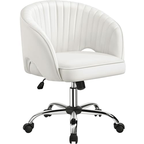 Yaheetech Home Office Chair, Faux Leather Desk Chair, Modern Swivel Chair with Tufted Barrel Back, Rolling Wheels for Office,Study, Vanity, Bedroom White