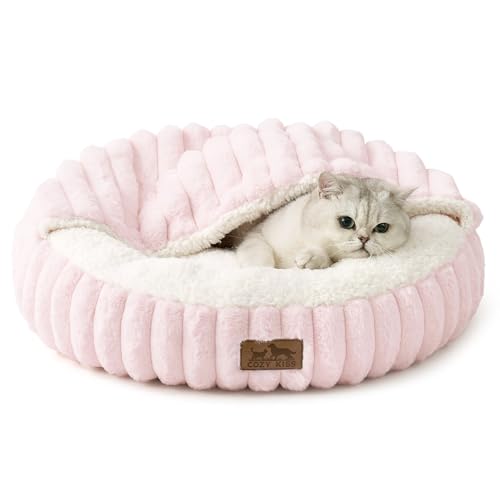 Cat Bed with Hooded Blanket Round Fluffy Anti-Anxiety Pet Bed for Cats/Toy Breed Dogs Cozy Donut Cuddler with Machine Washable Faux Fur & Anti-Slip Bottom(20206 Pink)
