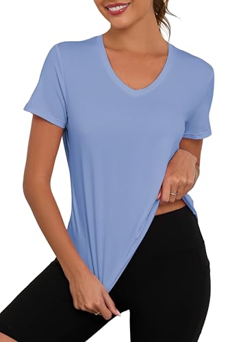 KevaMolly Blue Workout Tops for Women V Neck UPF50+ Breathable Loose Fit Yoga T Shirts Short Sleeve Running Gym Athletic Tee Top XXL - Image 1