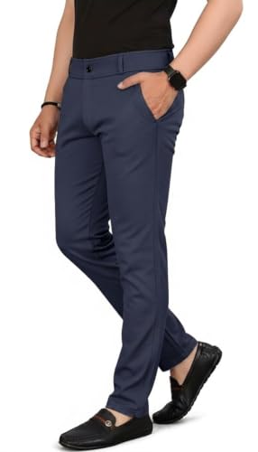 Image of Mehrang Men's Slim Fit Casual Mid Rise Trousers, Cotton Blend, Side Pockets || Classic Slim Fit Chino Pants || Business Casual Dress Trousers
