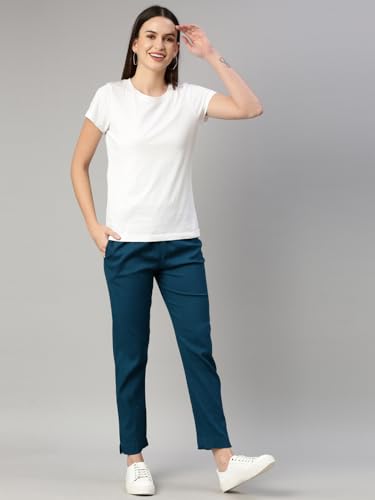 Image of MINELLI Women Solid Cigar Pants, Cotton Lycra Slub Fabric, Elasticated Waistband, Pull On Style, Regular Fit Bottom Wear for Western and Ethnic Wear