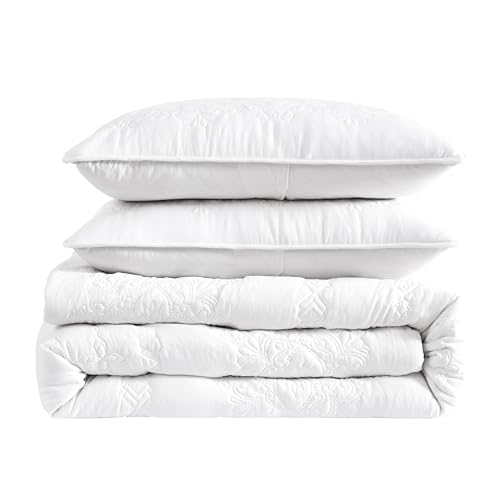 Boho White Quilt California Cal King Size Bedding Set with Pillow Sham, Oversized Lightweight Bedspread Coverlet, Farmhouse Floral Vintage Thin Comforter Bed Cover All Season, 3 Pieces, 118x106 inches