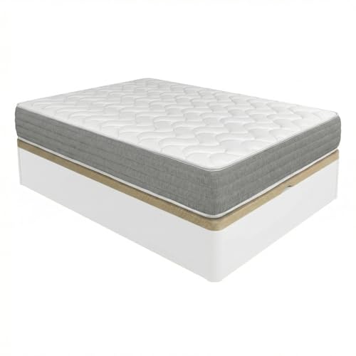DUÉRMETE ONLINE   Pack Colchón Viscoelástico Viscotec con Canapé Madera Abatible Gran Capacidad, Color Blanco 135 x 190 cm