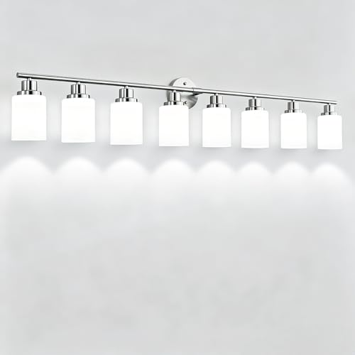 Image of 8-Light Vanity Lights, Brushed Nickel Bathroom Light Fixture with Striped Textured Milky White Glass Shade, E26 Modern Vanity Lighting Fixture for Bathroom Wall Sconce Light Over Mirror