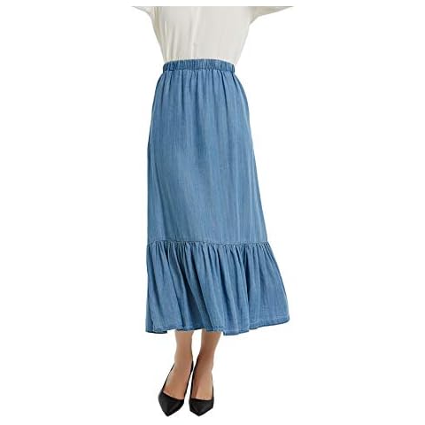 Tronjori Womens Tencel Denim Long Midi Skirt Pleated Hem - Blue - Large Cover