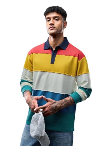 Image of The Souled Store Rugby Polo: Aurora Men and Boys Long Sleeves Polo Neck Multicolor Colour Block Cotton Polyester Oversized Drop Shoulder Comfortable Streetwear Rugby Polos