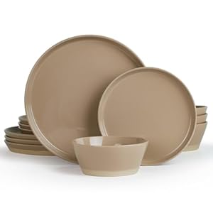 Famiware Saturn Dinnerware Sets, 12 Piece Dish Set, Plates and Bowls Sets for 4, Cinnamon Brown
