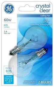 GE Bombilla incandescente clásica de 60 vatios 2500K regulable A15 con ventilador transparente (paquete de 2) 42926 base de candelabro (E12)