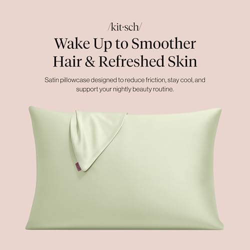 Image of Kitsch Satin Pillowcase with Zipper - Standard Size, Sage | Softer Than Silk Pillow Cases, Smooth Cooling Satin Pillow Case for Hair and Skin, Wrinkle-Free, Machine Washable